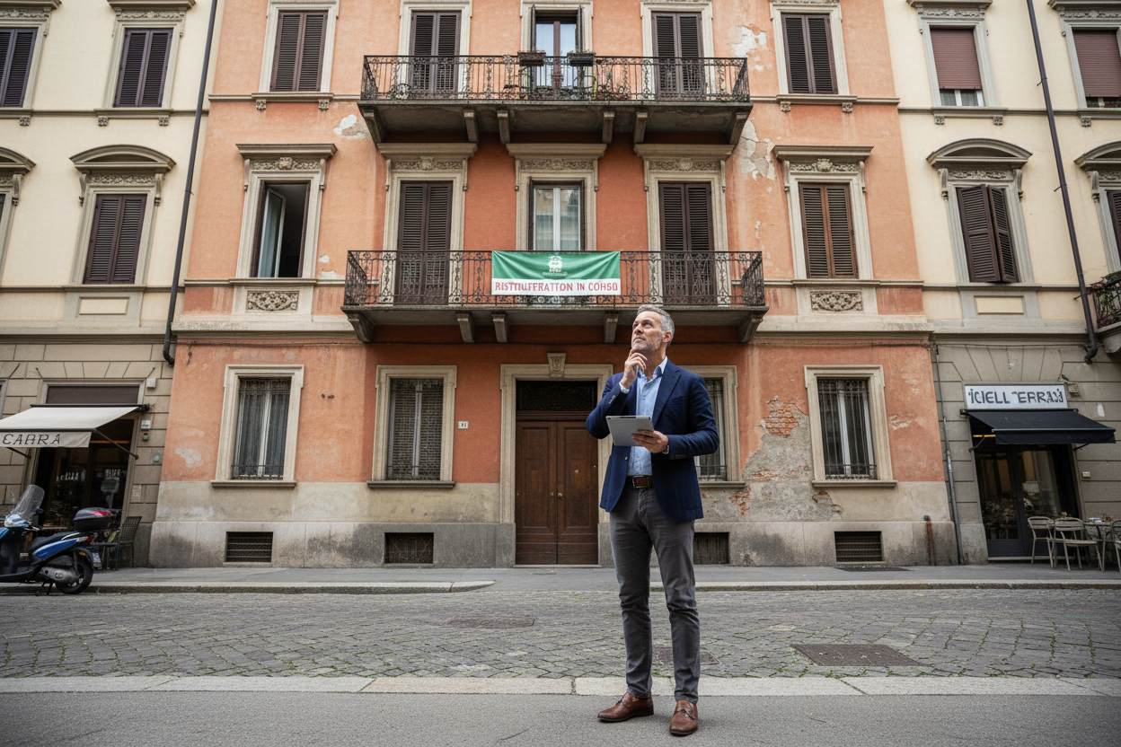 amministratore di condominio, persona sui 50 anni, che vede una facciata di un edificio di 4 piani da ristrutturare, siamo a milano 
