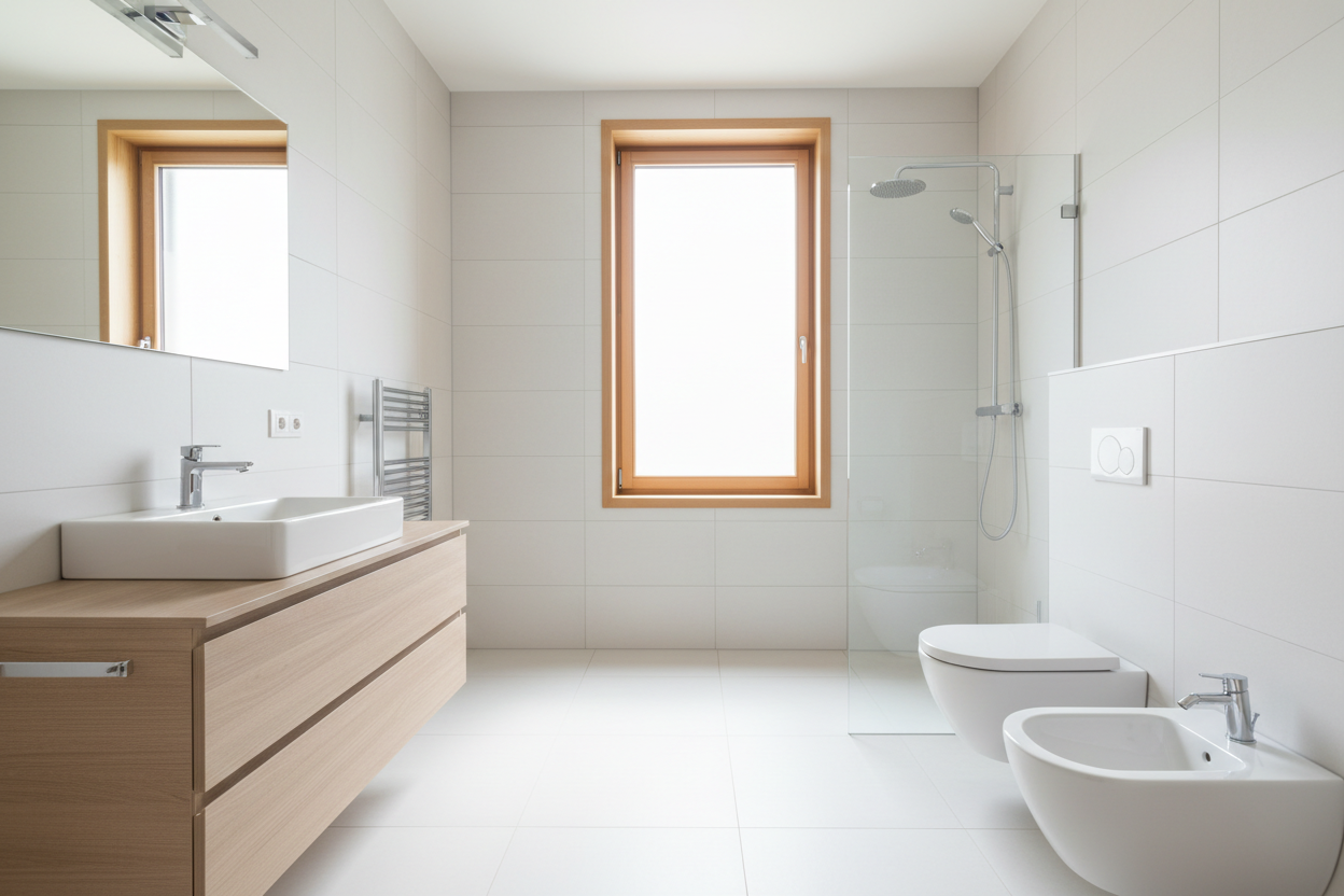 anzi genera un bel bagno moderno luminoso, con nuovi sanitari a sospensione, infisso nuovo, lavabo tutto nuovo e moderno