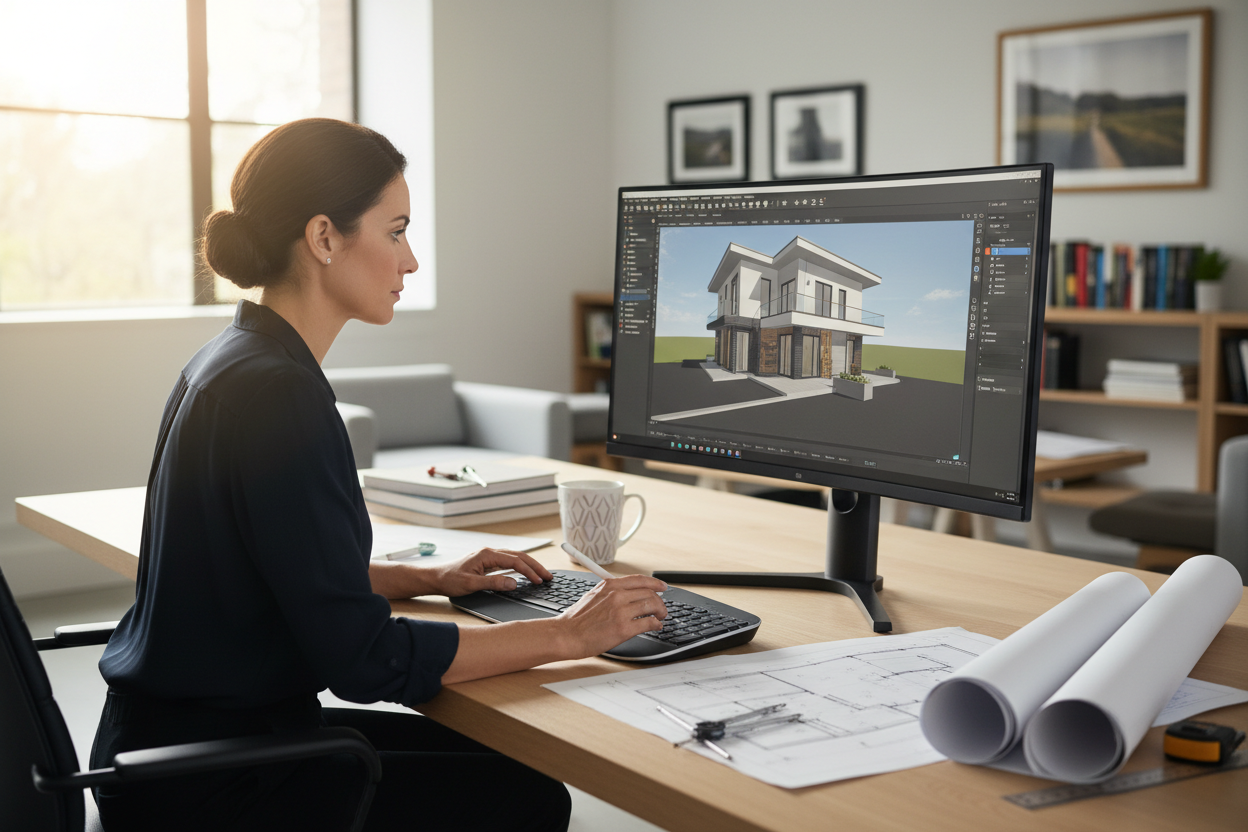 architetto che progetta una casa dal suo pc