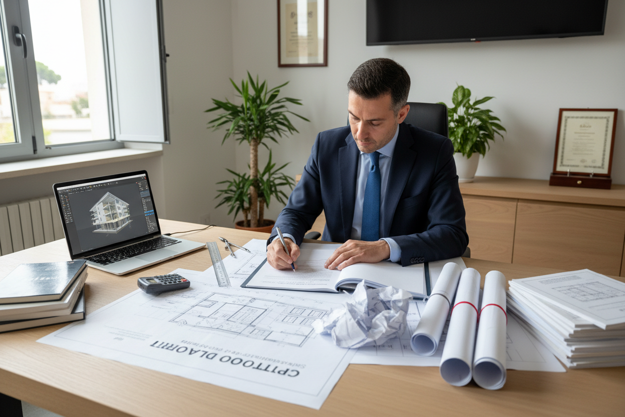 un tecnico geometra che redige un capitolato dei lavori